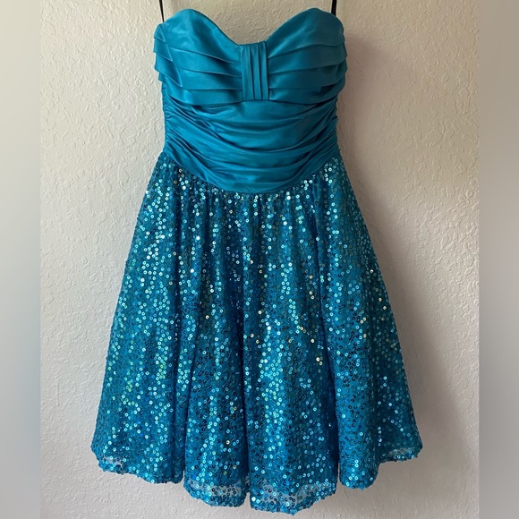 Vintage Y2K Betsey Johnson Prom Cocktail Dress Satin Sequins Ruched Teal Blue - Picture 1 of 9
